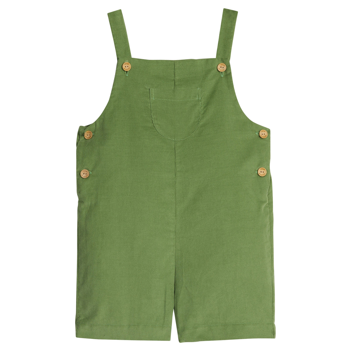 Little English classic shortall for little boys. Watercress green corduroy shortall with wood button details and small pocket in the center