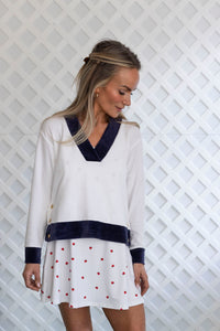 Farrah Pullover in White with Navy Trim