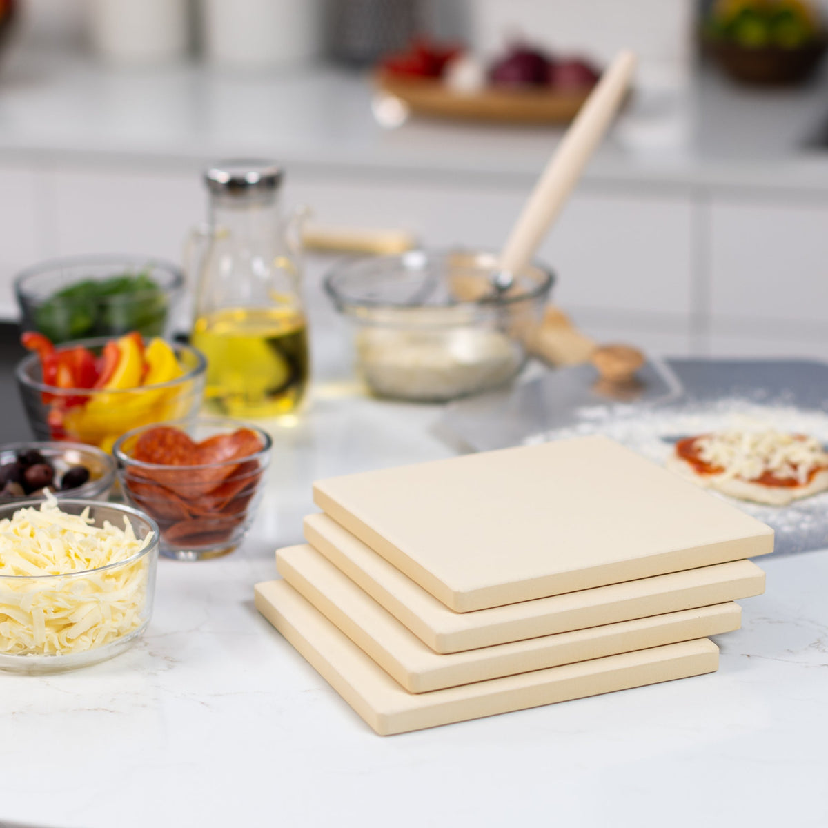 Cordierite Square Pizza Stone in Beige, Set of 4