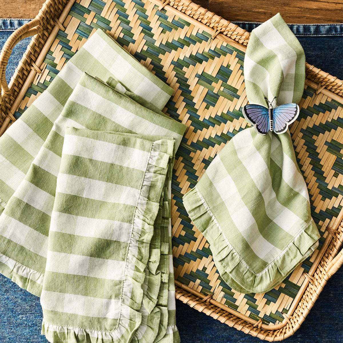 Gingham Ruffle Napkin in Seagrass, Set of 4