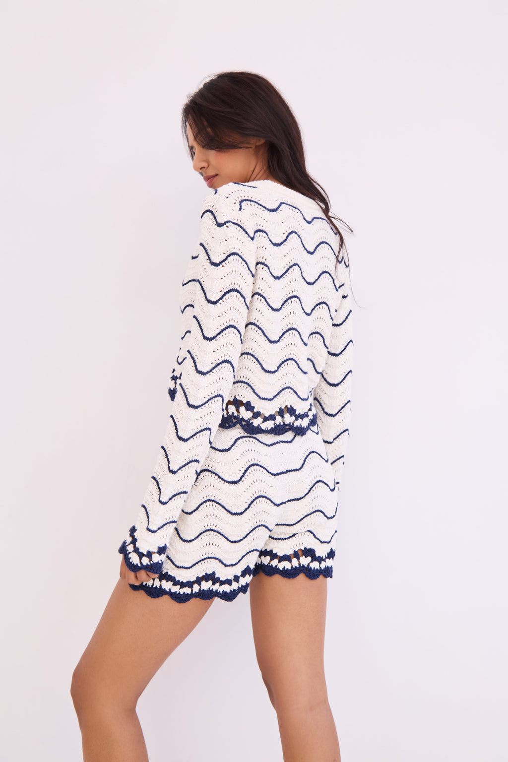 Louise Cardigan in White Navy Wave Stripe