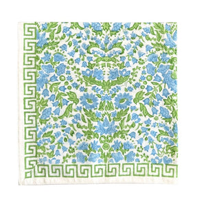Hand block printed floral green and blue napkin with greek key border