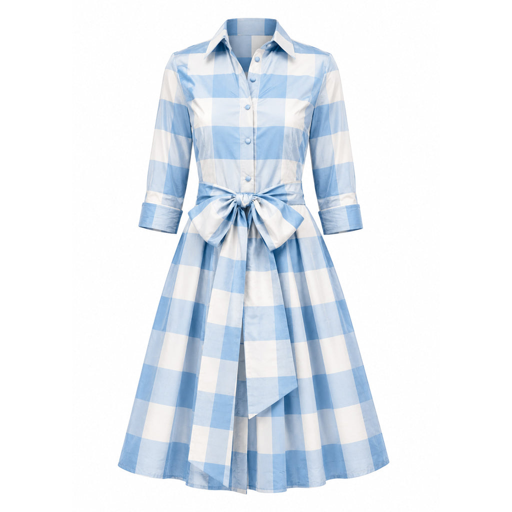 Collared Cocktail Dress in Large Blue Check
