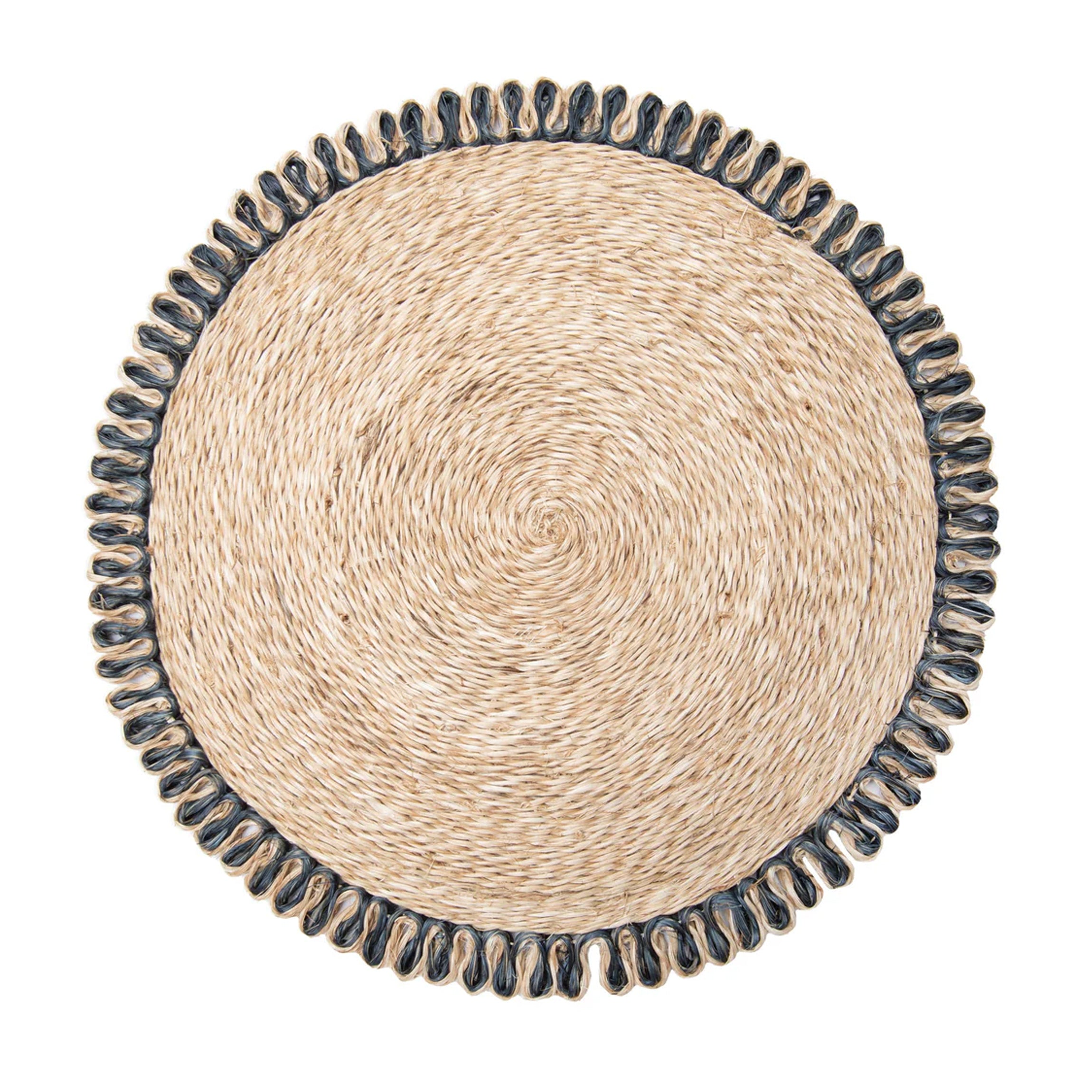 Loopy Abaca 15" Round Placemat in Natural & Navy, Set of 4