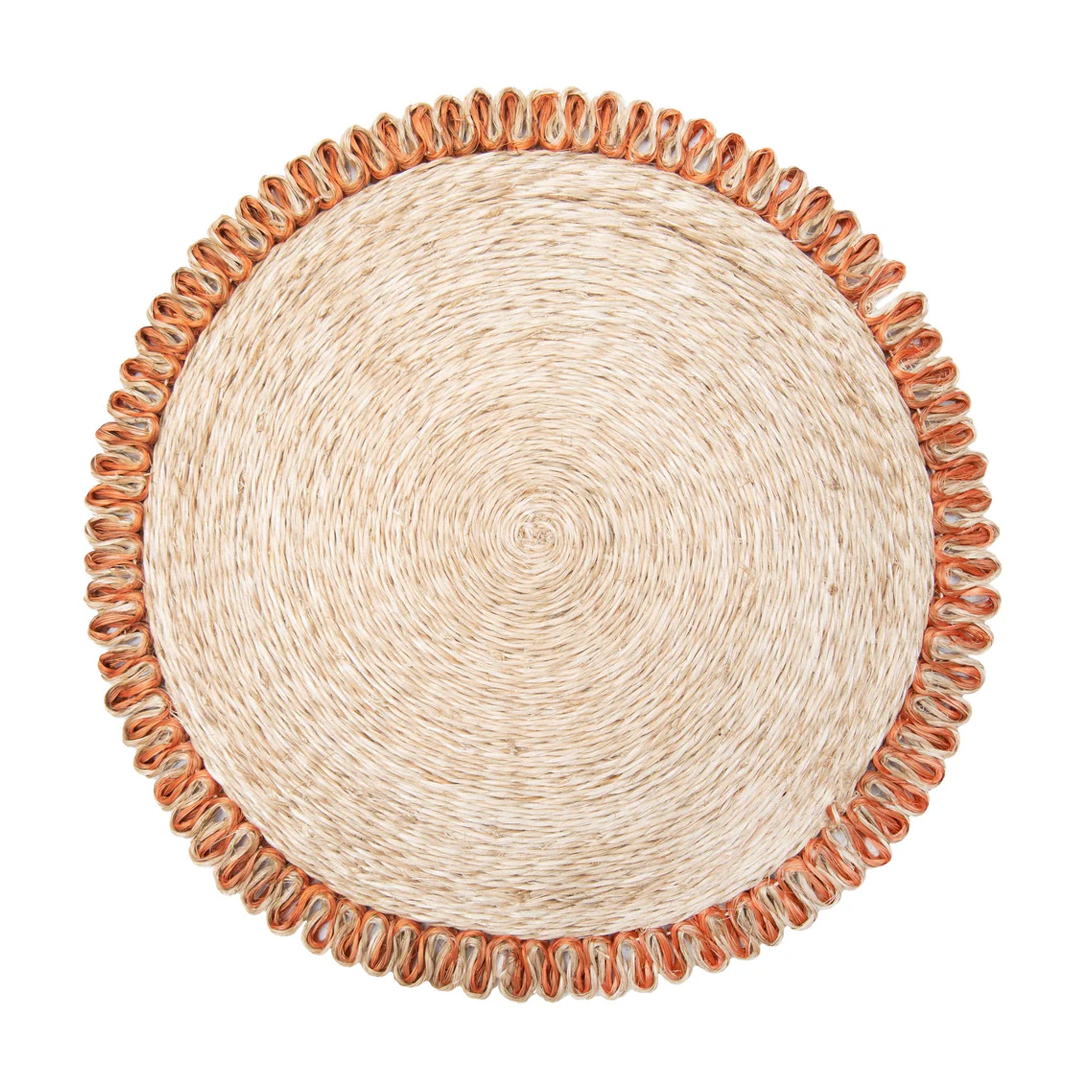 Loopy Abaca 15" Round Placemat in Natural & Orange, Set of 4