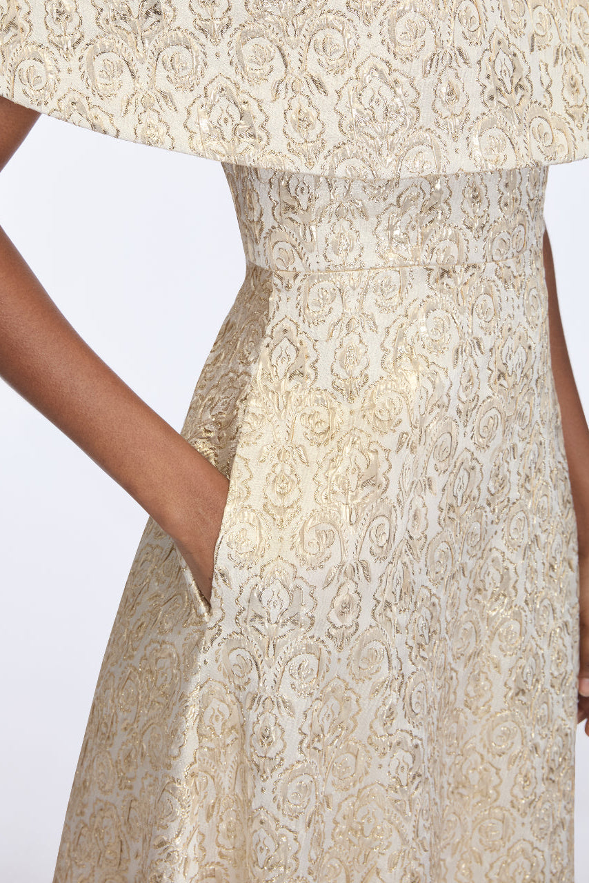 Lucretia Dress in Gold Metallic Jacquard Model Detail Shot 2 | Emilia Wickstead
