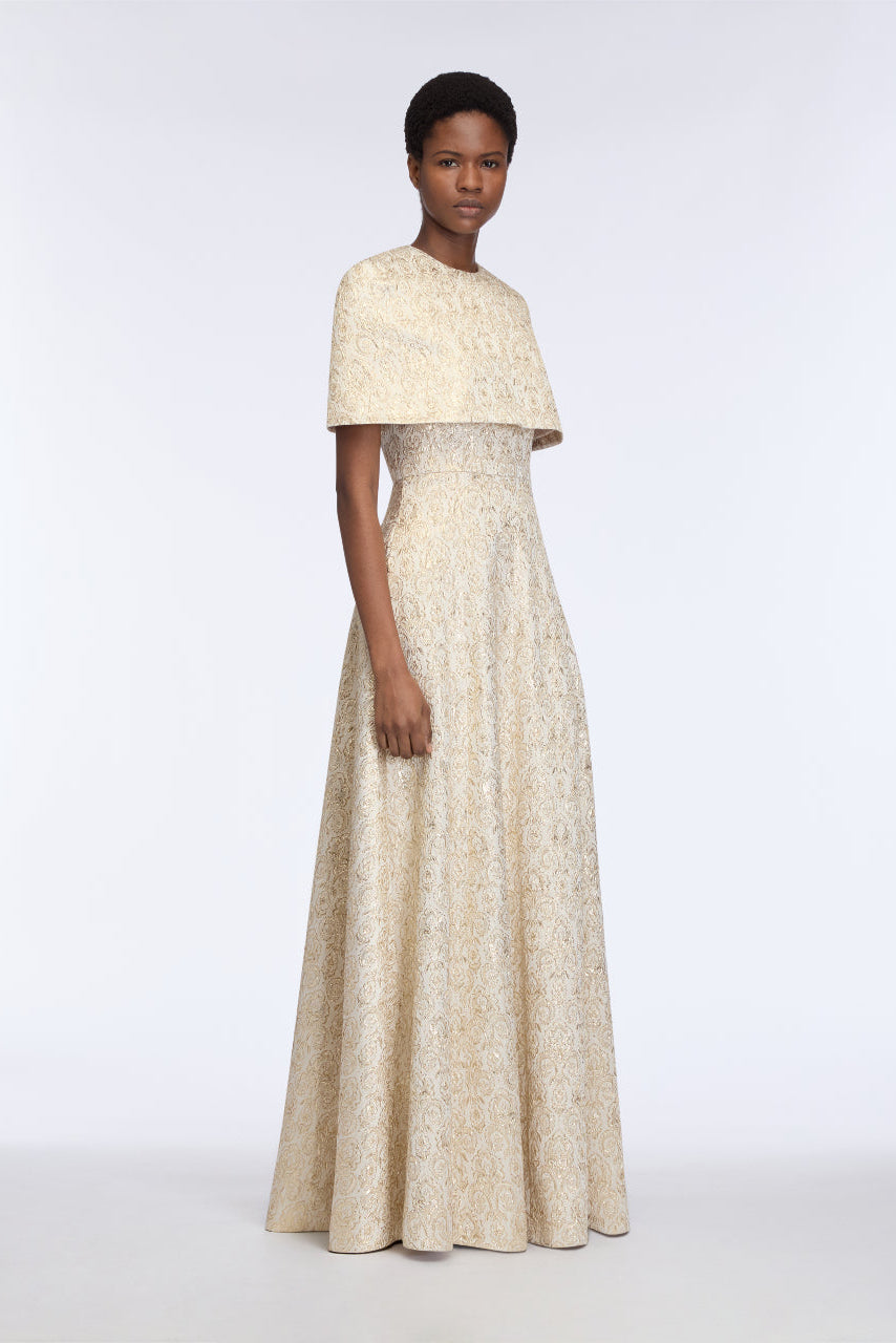 Lucretia Dress in Gold Metallic Jacquard Model Side Shot | Emilia Wickstead