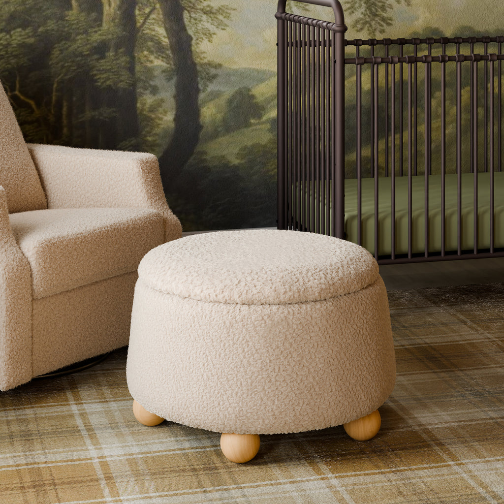 Tuffet Storage Ottoman in Chai Shearling with Honey Ball Feet
