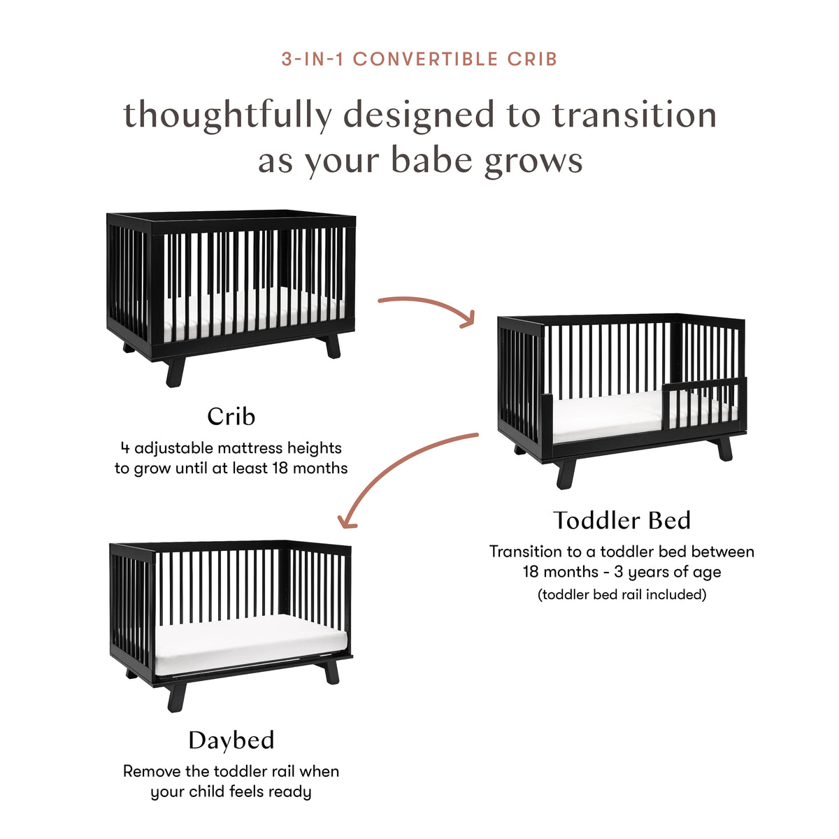 Hudson 3-in-1 Convertible Crib with Toddler Bed Conversion Kit in Black