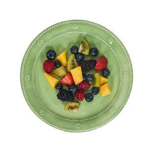 Top-down view of Berry & Thread melamine dessert plate in seagrass showing embossed rope-and-berry rim and seasonal fruit on a white background