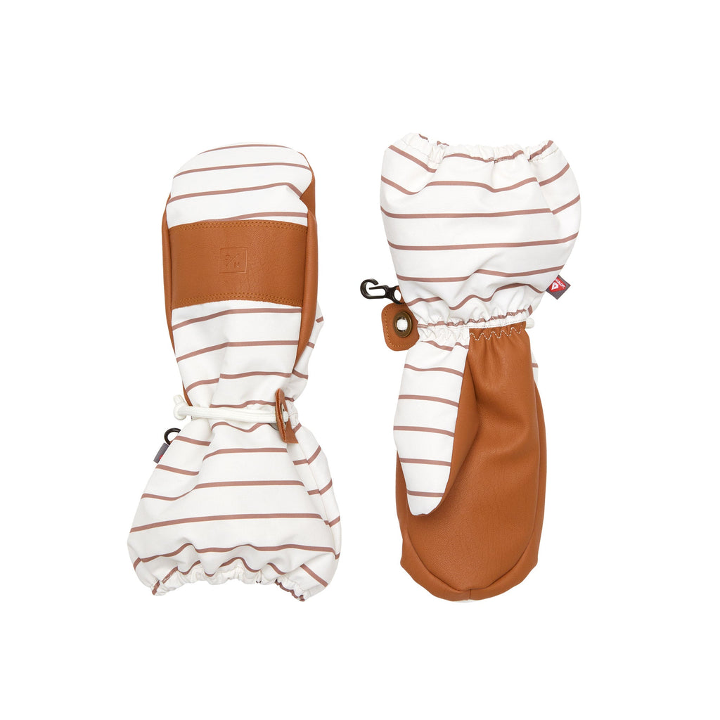 Kids brown and white striped mittens for boys and girls, featuring warm insulation, soft fleece lining, and waterproof exterior, designed for skiing and winter snow sports to keep hands warm in cold weather