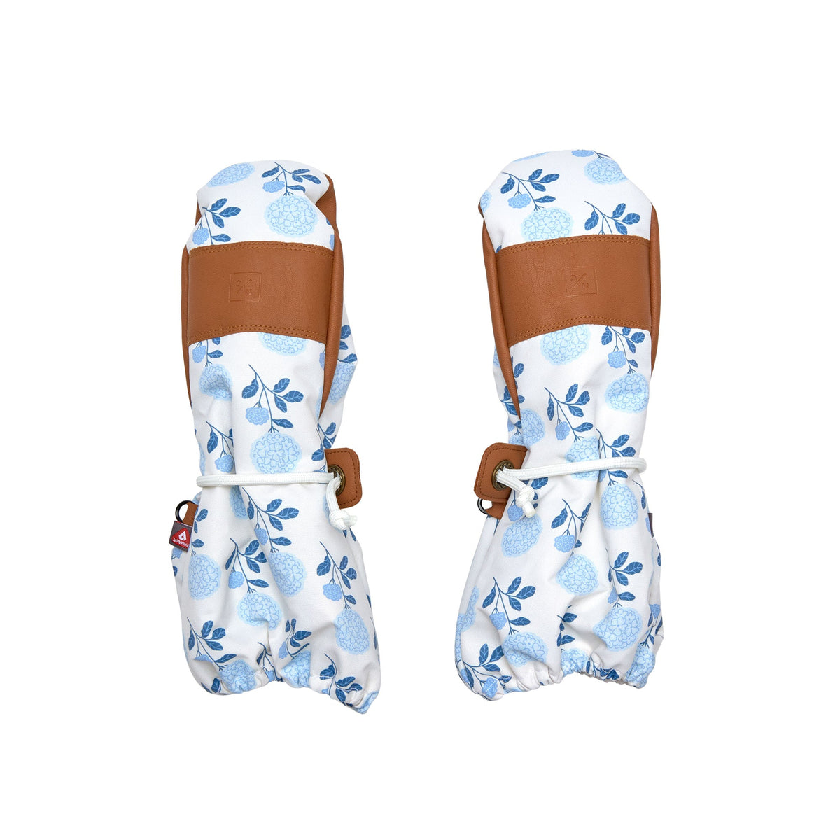 Kids and women's blue floral hydrangea mittens for boys and girls, featuring warm insulation, soft fleece lining, and waterproof exterior, designed for skiing and winter snow sports to keep hands warm in cold weather
