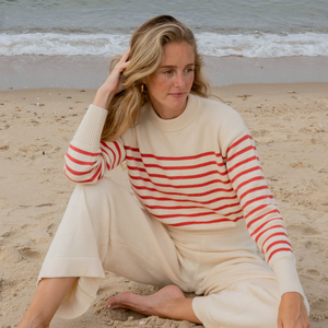 Women's Cream and Red Stripe Cropped Sweater
