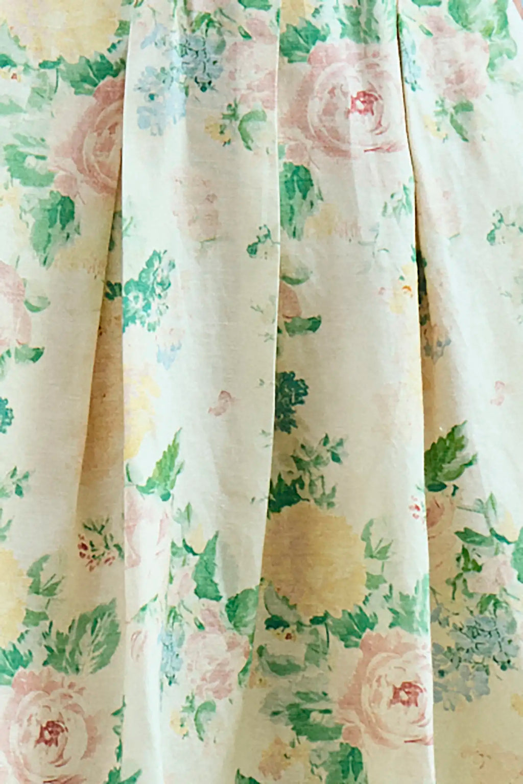 Close up of Alexis Skirt with pleats and full silhouette in Garden Rose Peony.