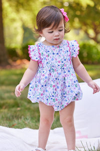 Little English traditional children's clothing.  Blue and pink floral bubble for baby girls for Spring and Summer