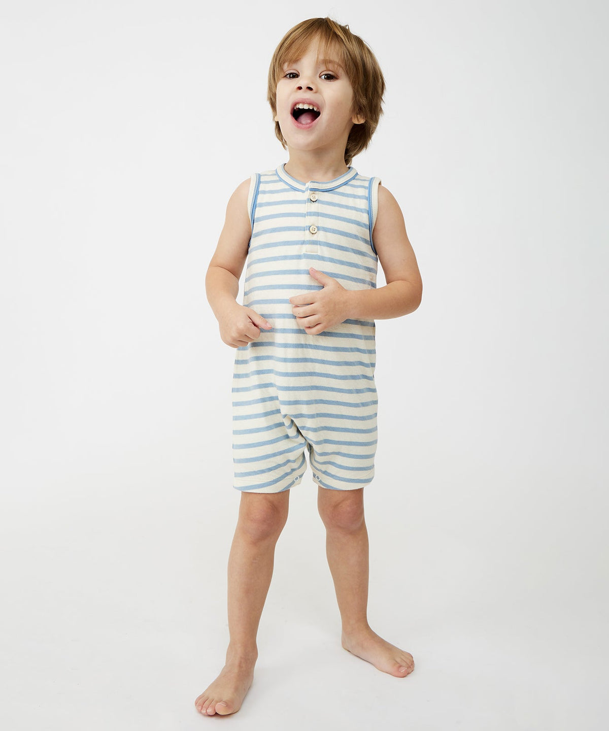 Lachlan Romper in Dusty Blue Stripe