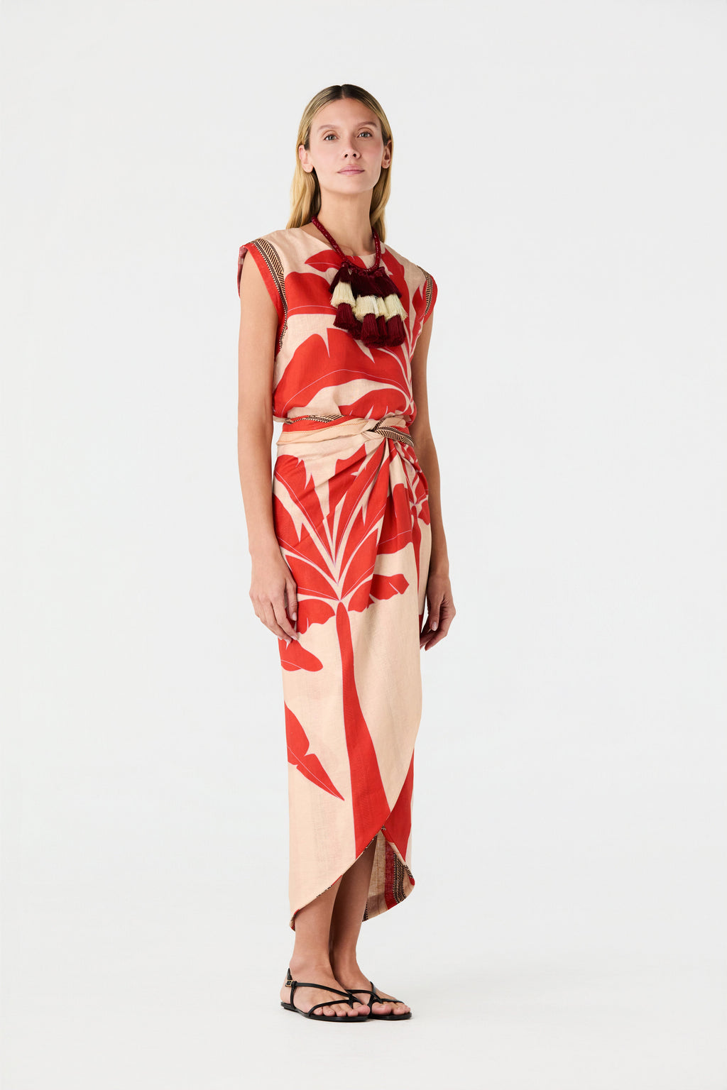 Capurgana Linen Wrap Skirt in Orange Palms