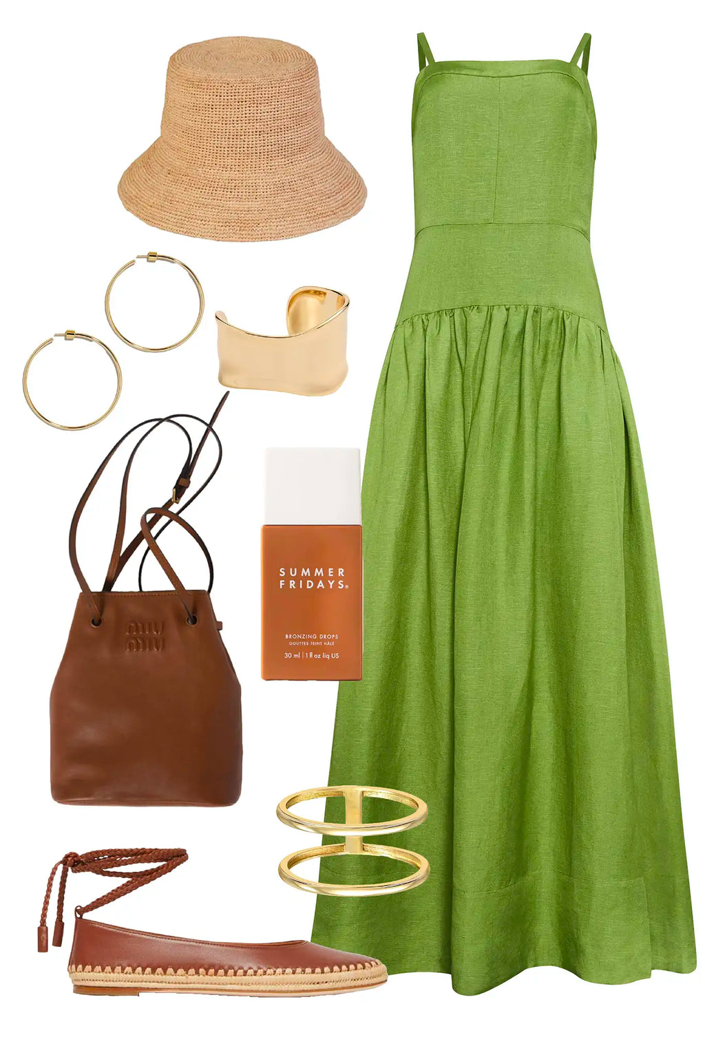 The Newberry Dress, spaghetti strap linen midi dress, in Glass Green styled.