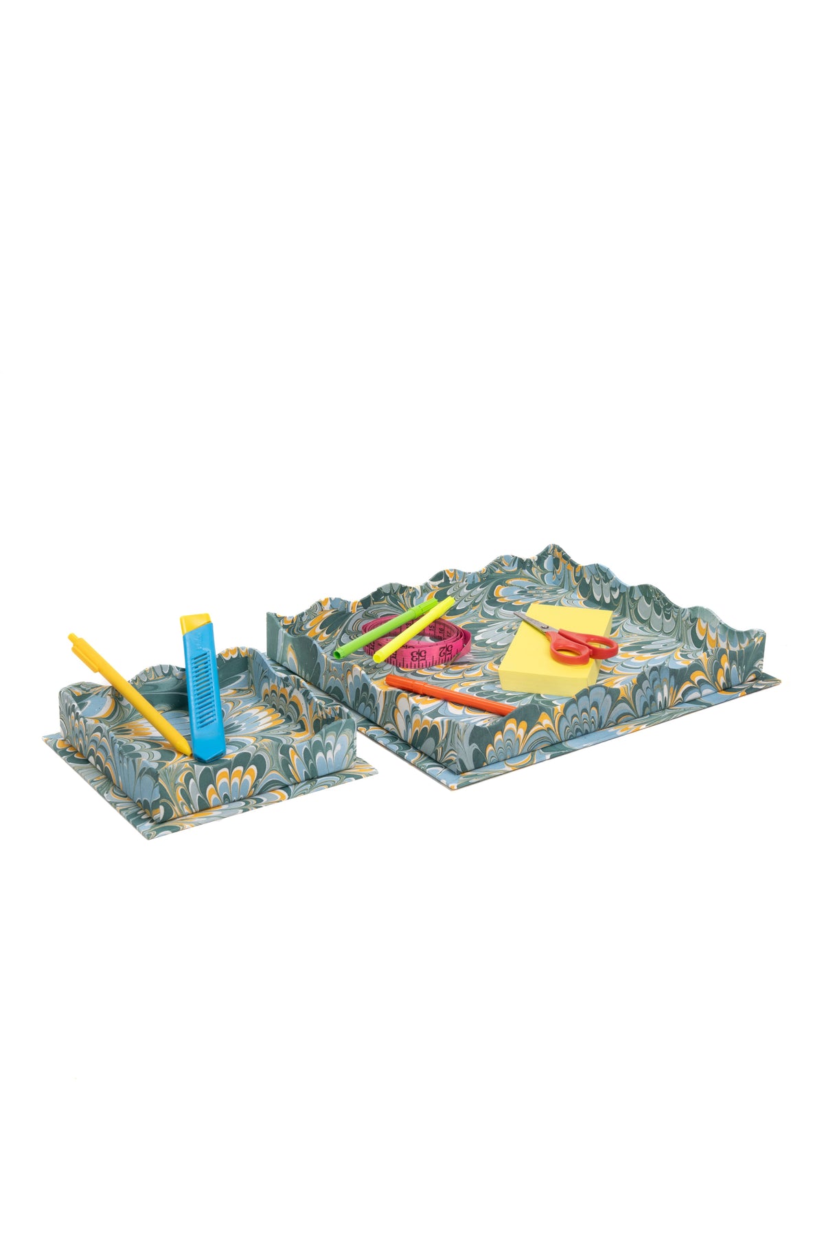 Nesting Scalloped Hand-Marbled Trays in Blue