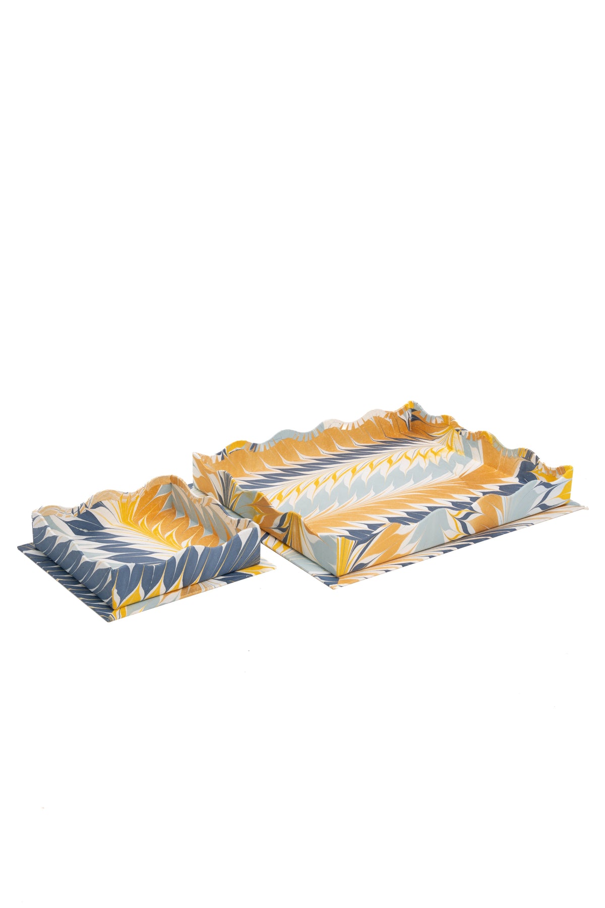 Nesting Scalloped Hand-Marbled Trays in Golden Blue