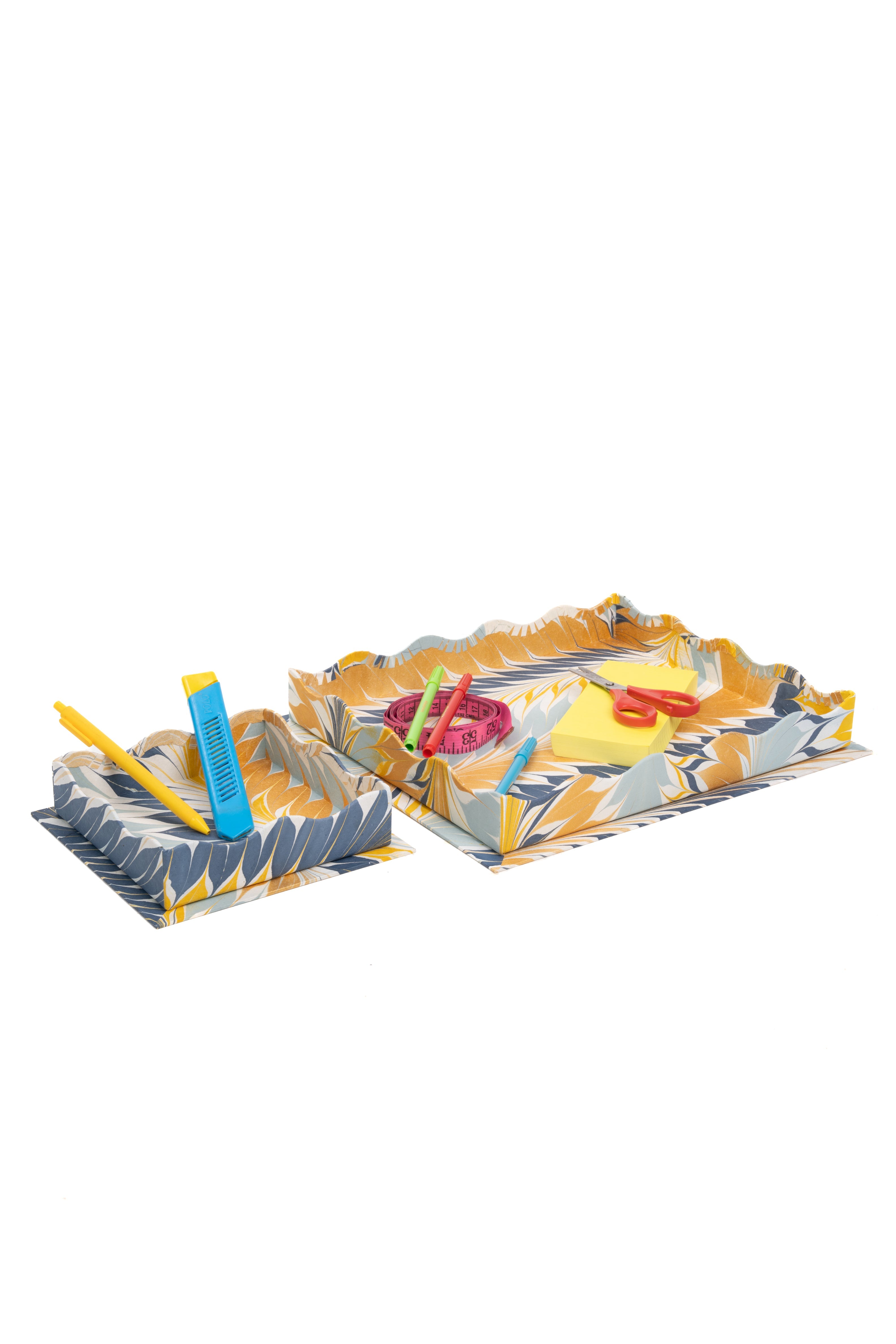 Nesting Scalloped Hand-Marbled Trays in Golden Blue