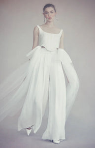 Felix Trouser in Ivory Silk Crepe with Chiffon Overlay