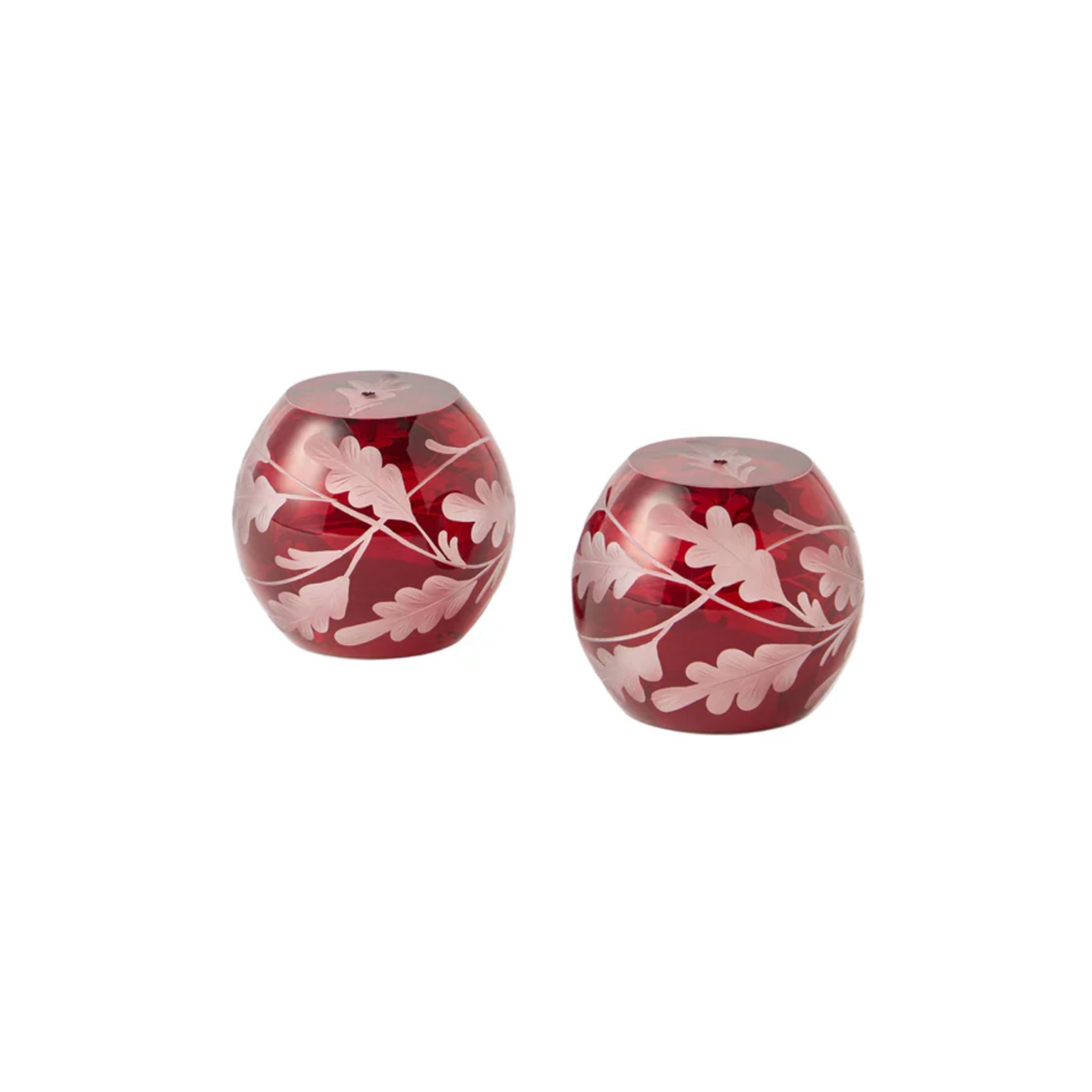 Engraved Oak Leaf Salt and Pepper Set in Burgundy