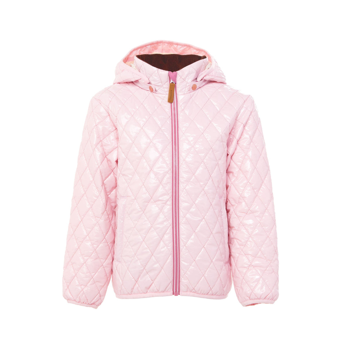 Girls and women shiny light pink puffer jacket for fall and winter, designed as a warm in-between layer with removable hood, insulated core, and water-resistant fabric
