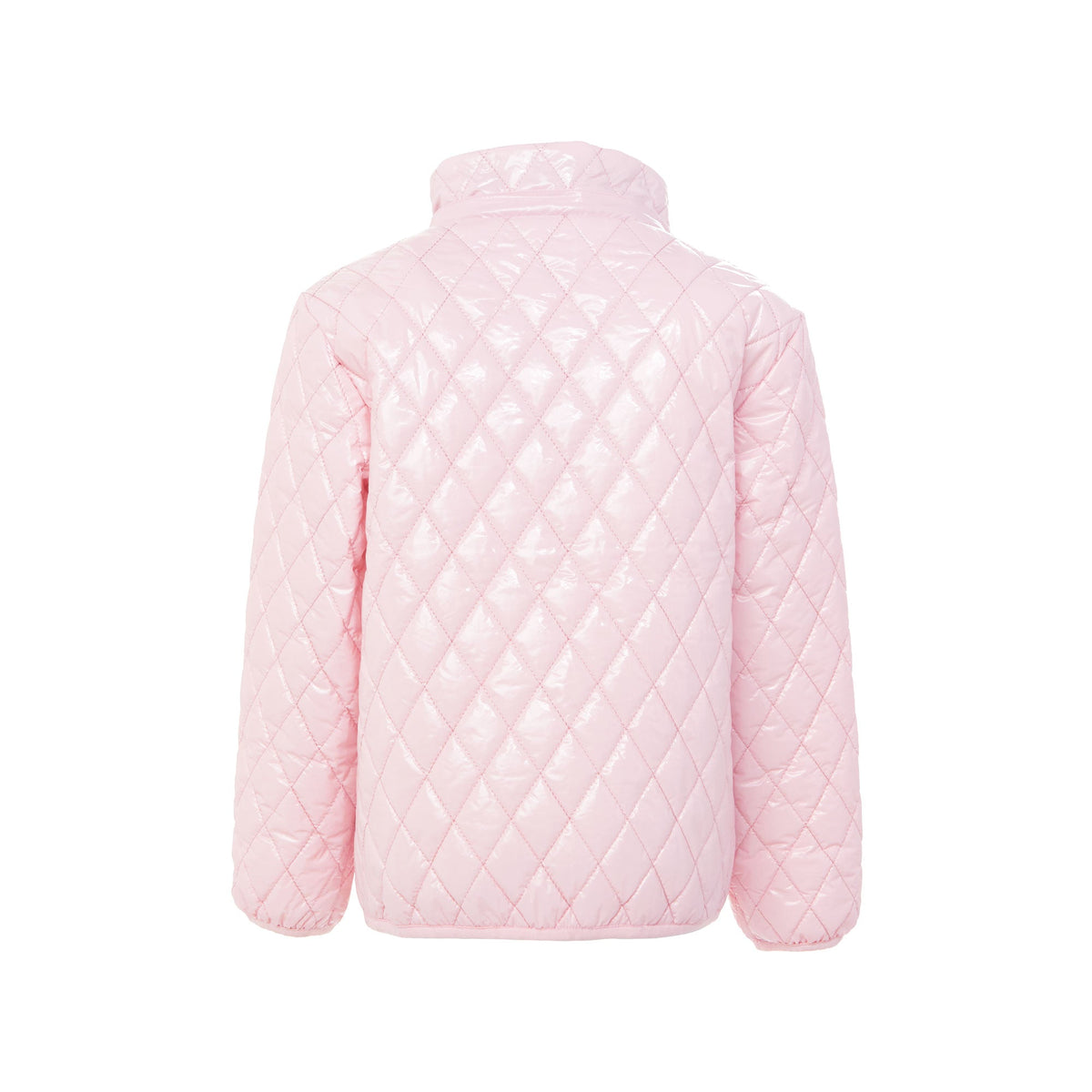 Girls and women shiny light pink puffer jacket for fall and winter, designed as a warm in-between layer with removable hood, insulated core, and water-resistant fabric