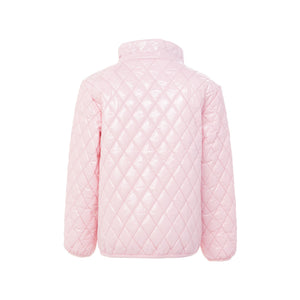 Girls and women shiny light pink puffer jacket for fall and winter, designed as a warm in-between layer with removable hood, insulated core, and water-resistant fabric