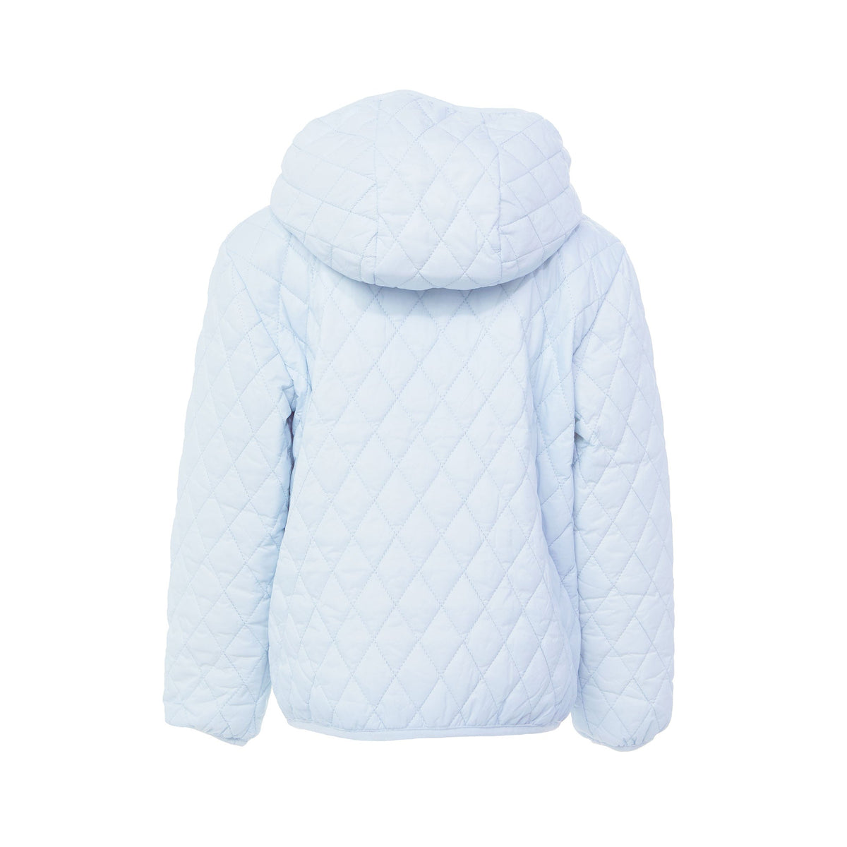 Kids and women light blue puffer jacket for fall and winter, designed as a warm in-between layer with removable hood, insulated core, and water-resistant fabric
