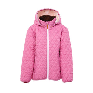 Girls and women pink puffer jacket for fall and winter, designed as a warm in-between layer with removable hood, insulated core, and water-resistant fabric