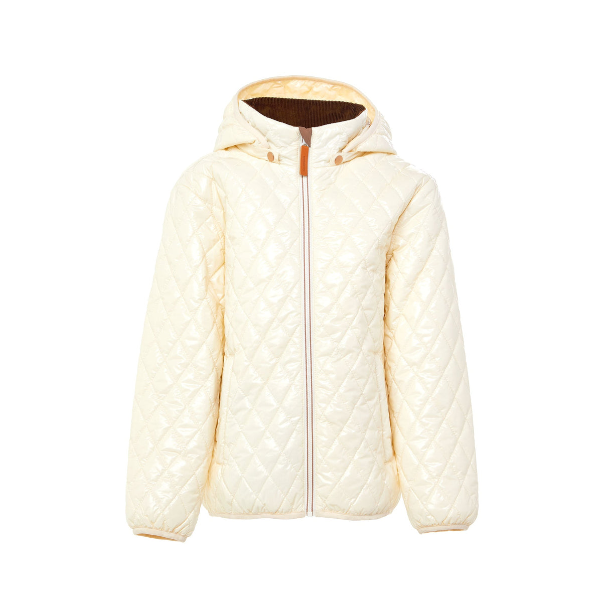 Kids and women shiny white puffer jacket for fall and winter, designed as a warm in-between layer with removable hood, insulated core, and water-resistant fabric