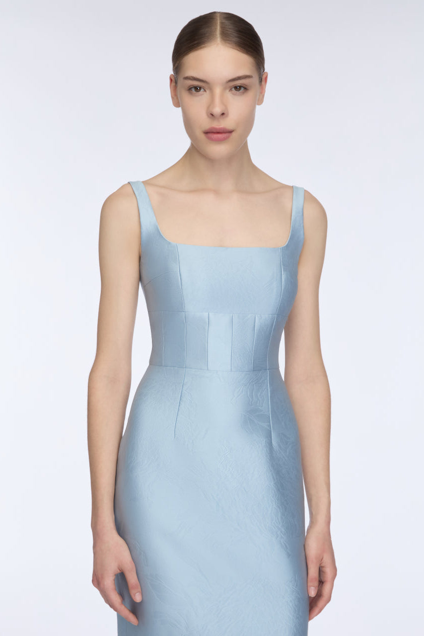 Megara Dress in Icy Blue Embossed Cloque