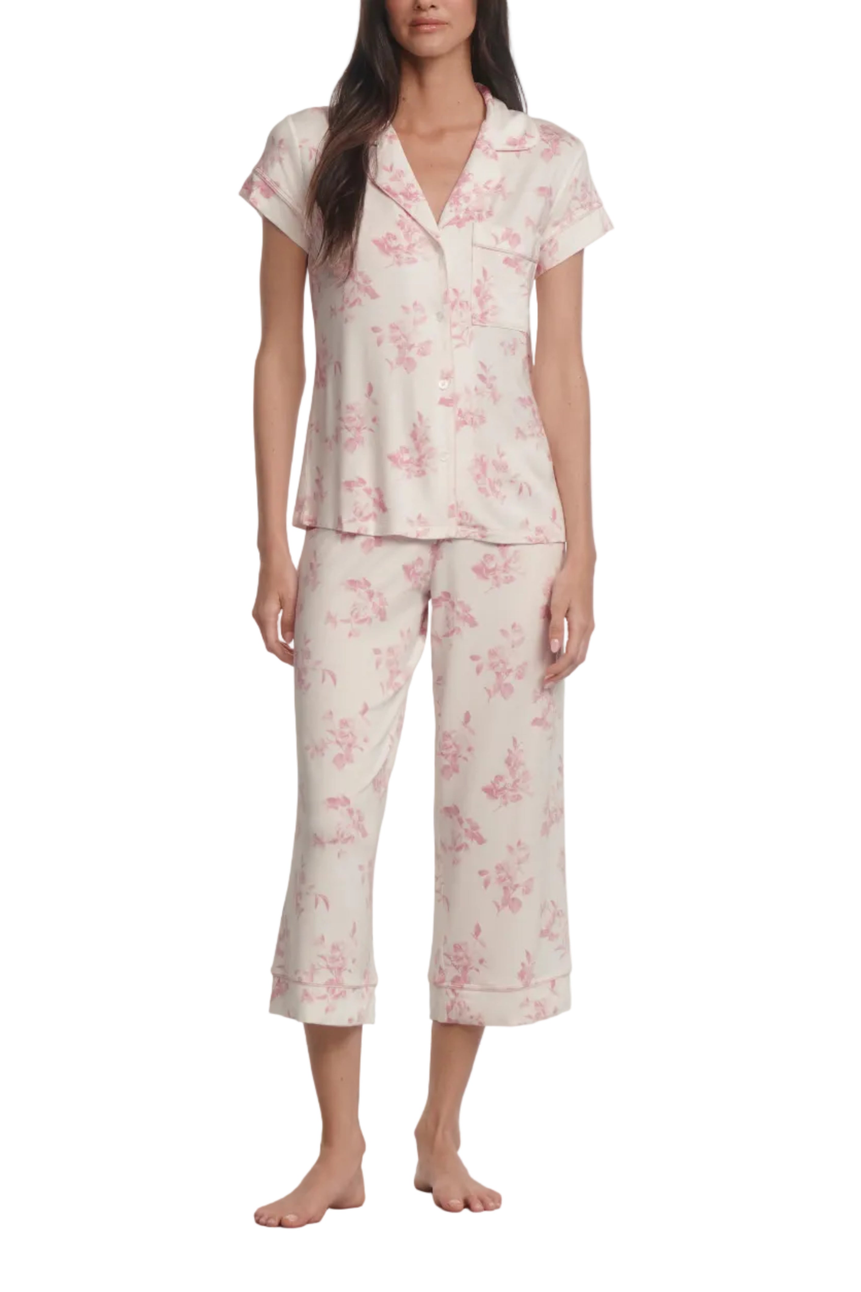 Gisele Printed Short-Sleeve Crop PJ in Rose Garden Cameo Pink/Pale Pink
