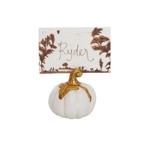 Country Estate Harvest place card in sepia on white pumpkin holder with gold stem, handwritten name Ryder visible