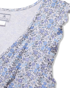 Close-up of Petite Plumes Womens Pima Harper Nightgown in Fleur dAzur, with a vintage floral design in blue and purple on a light background. The garments label is partially visible.