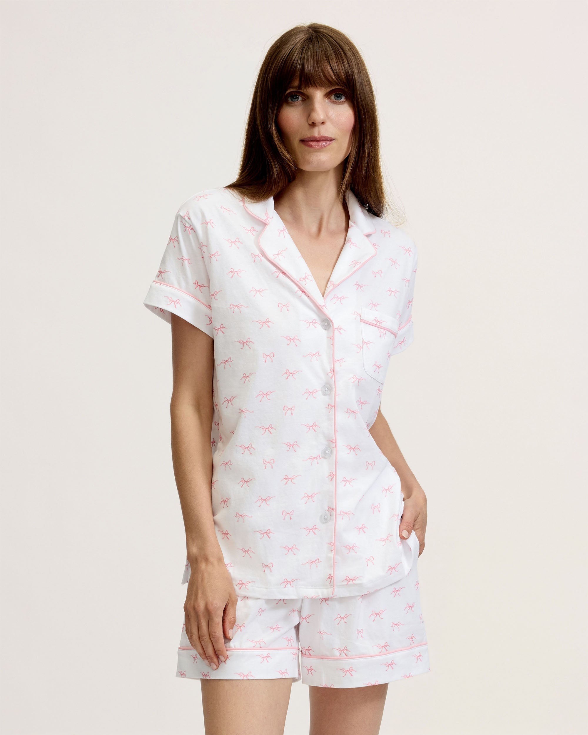 Women’s Pima Short Sleeve Short Set in Blushing Bows