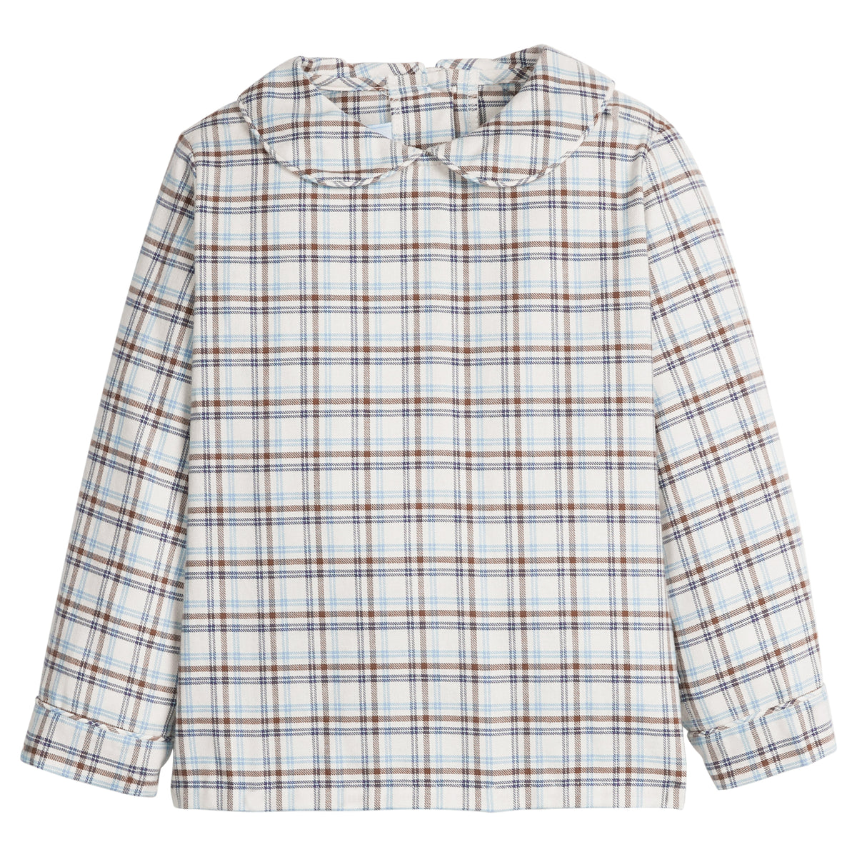 little english classic children's clothing, peter pan collar long sleeve shirt in light blue, cream, and brown plaid for boys for fall 