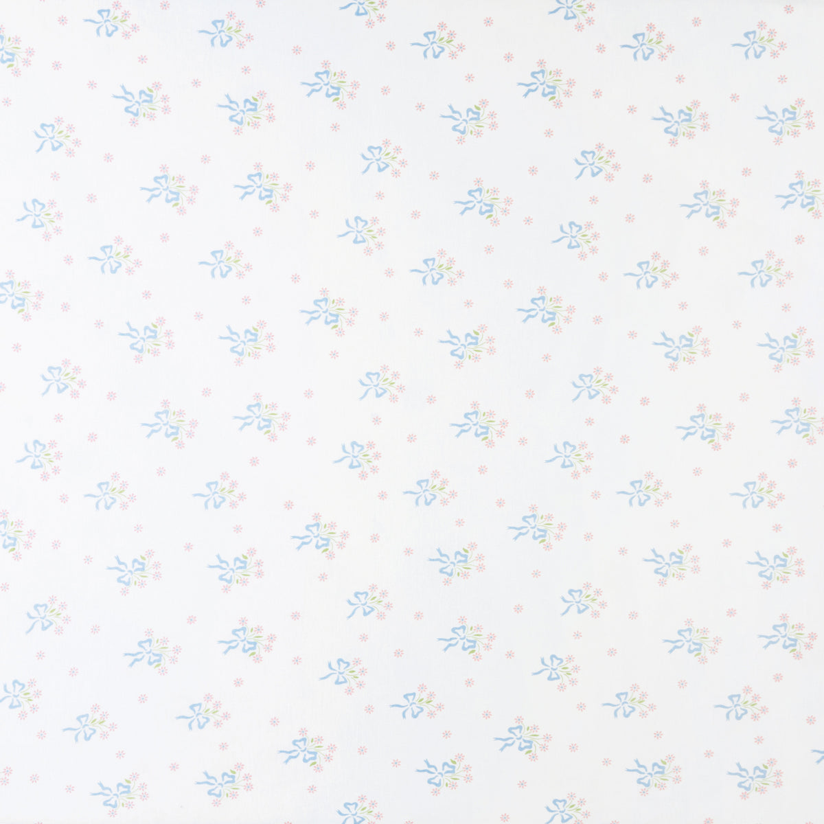 little english classic children's clothing girls pima crib sheet with white background and blue bows with pink floral bouquet all over print 