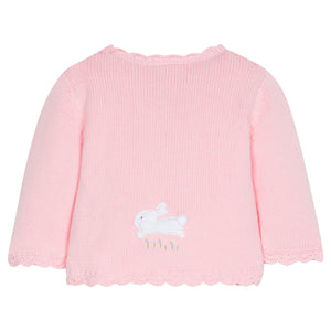 Little English signature crochet cardigan, hand-crocheted pink baby sweater with white bunnies for easter