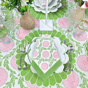 Pink and green flower napkin on tablescape