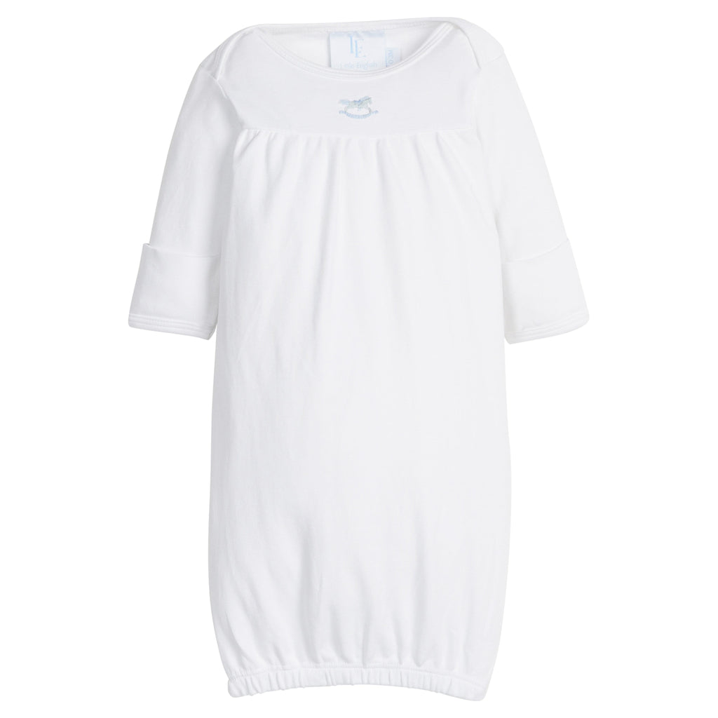 Little English traditional baby gift, white pima cotton long sleeve newborn gown with blue rocking horse embroidered at the center of the chest for baby boy