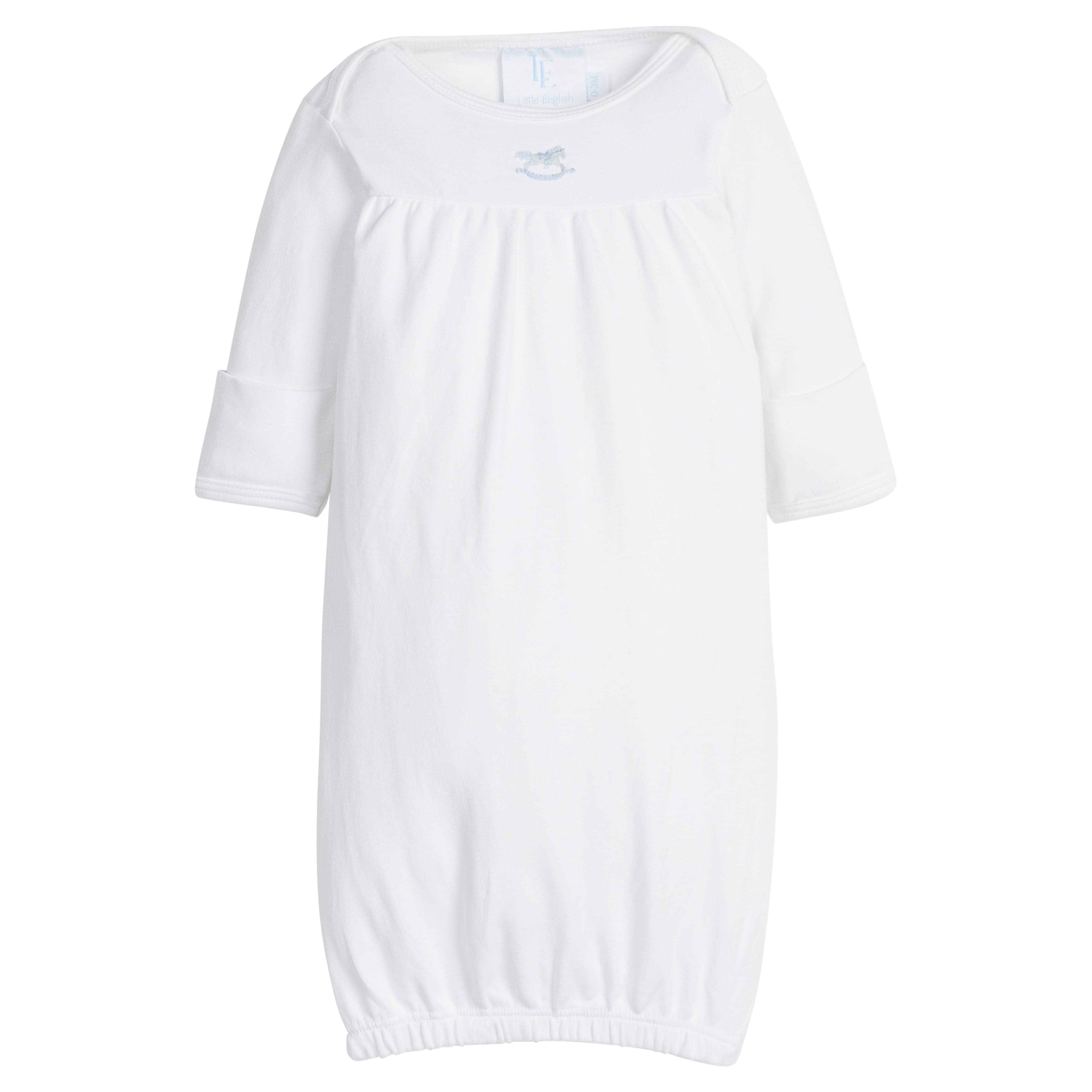 Little English traditional baby gift, white pima cotton long sleeve newborn gown with blue rocking horse embroidered at the center of the chest for baby boy
