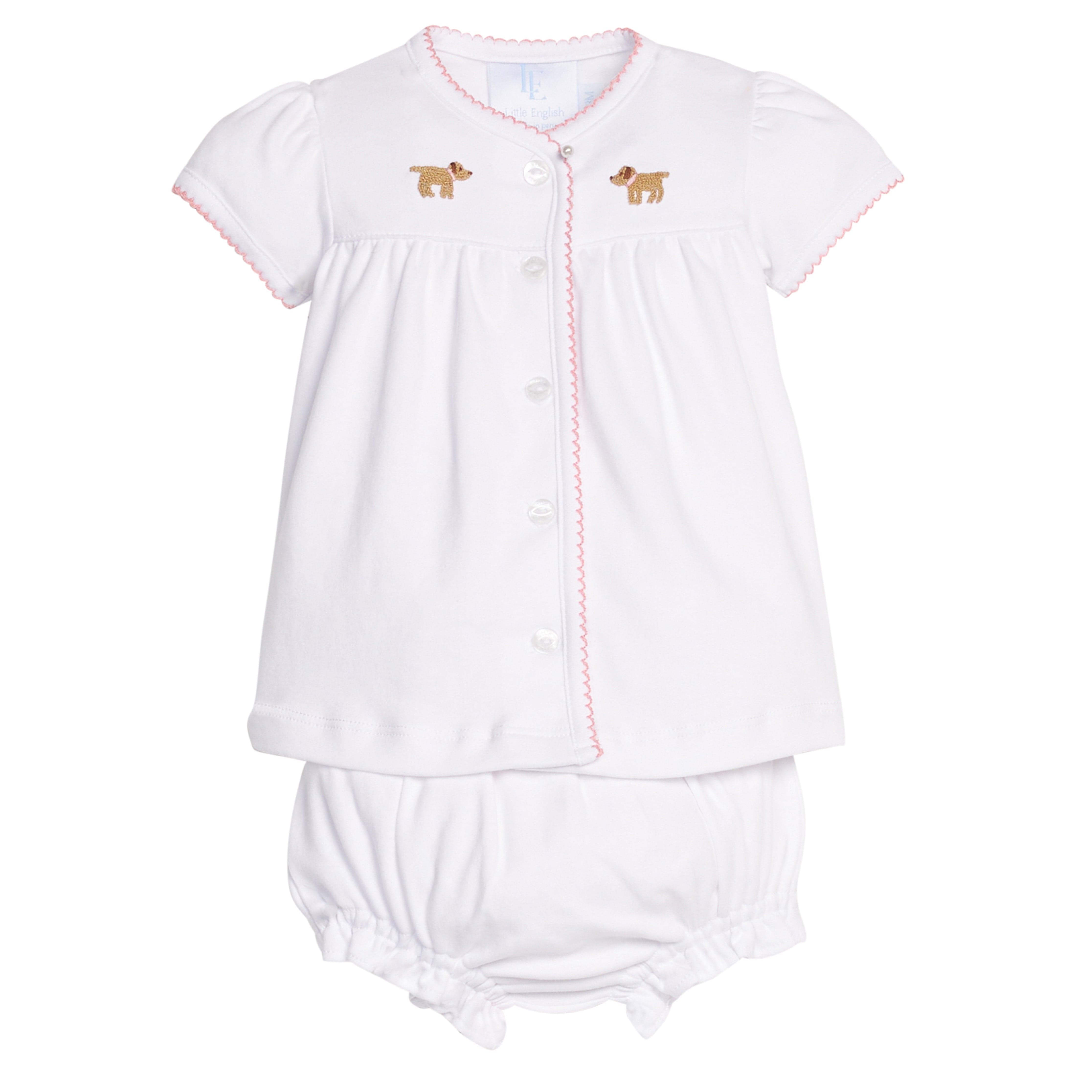 Little English traditional children's clothing.  Girl lab applique white knit set with short sleeve top and diaper cover for baby girls with light pink trim 