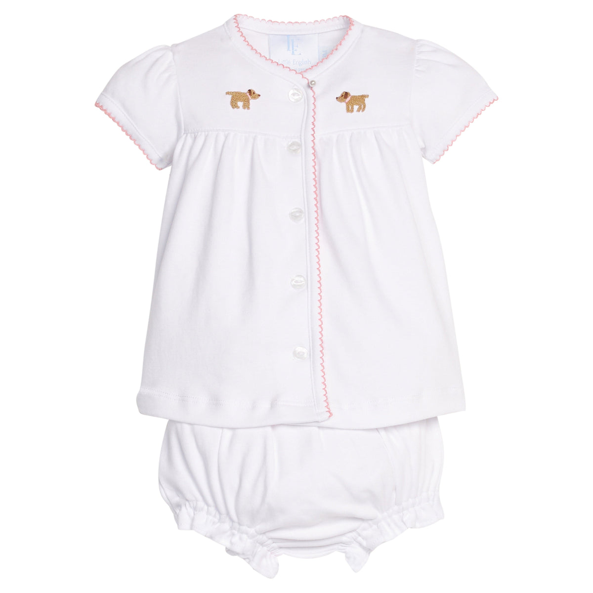Little English traditional children's clothing.  Girl lab applique white knit set with short sleeve top and diaper cover for baby girls with light pink trim 
