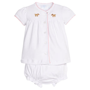 Little English traditional children's clothing.  Girl lab applique white knit set with short sleeve top and diaper cover for baby girls with light pink trim 