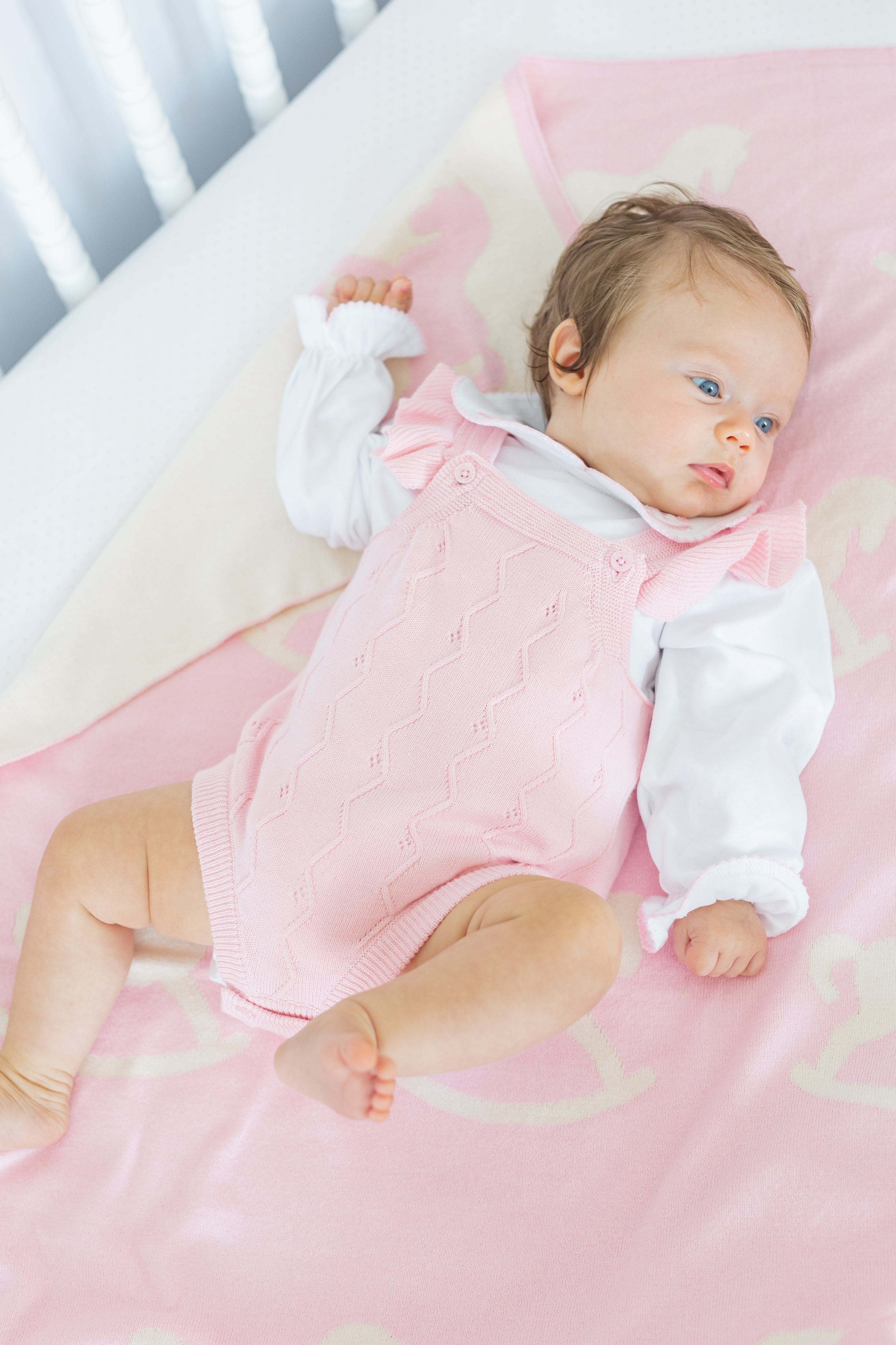little english classic children's clothing baby girls light pink pointelle knit bubble with ruffle sleeve, pinpoint onesie with pink rocking horse motif, for baby girl