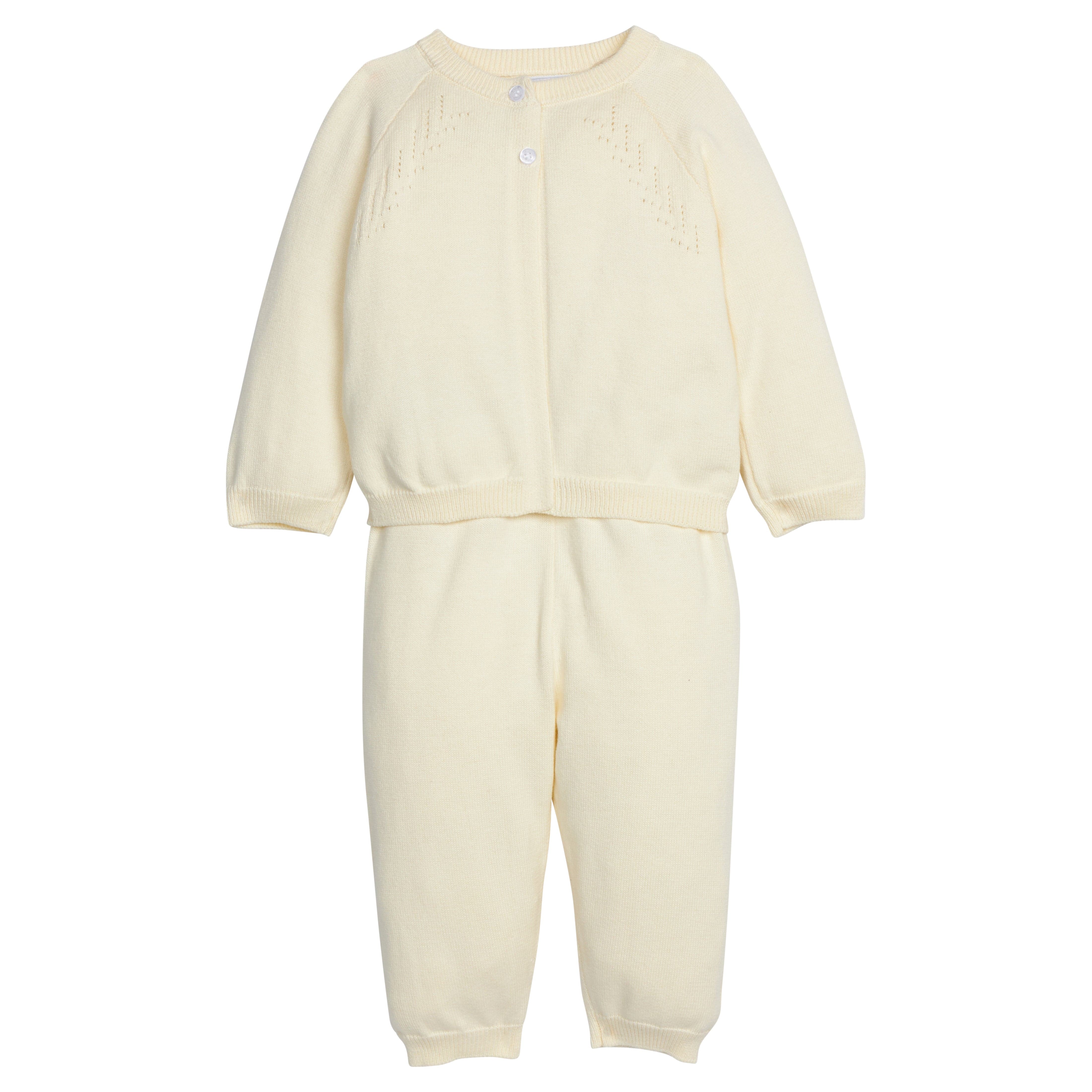 Little English traditional children's clothing. Long sleeve and long pant cream pointelle sweater set for baby.