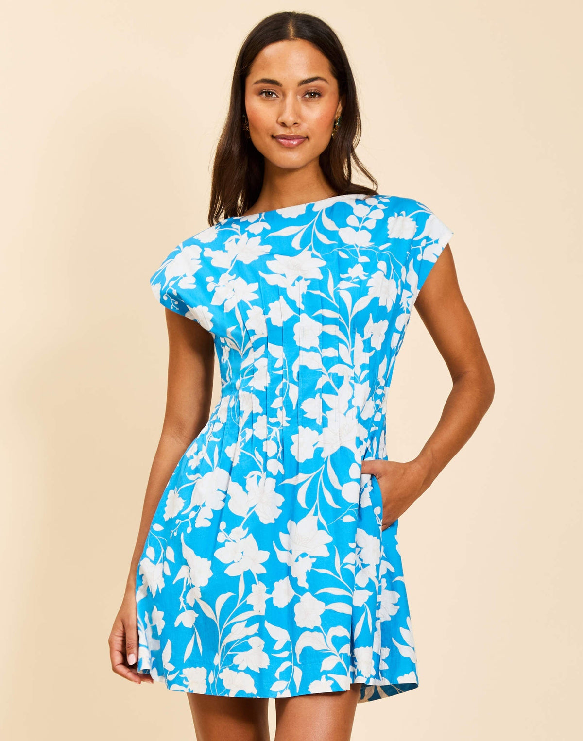 Quinn Mini Dress in Huckleberry Blue cotton poplin with boat neckline, pintuck bodice, kimono sleeves, and side pockets.